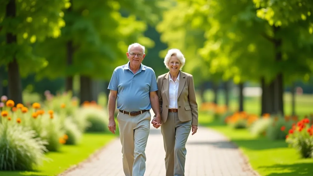 Seniori iet pa zaļu parku ceļu vasarā, dabas skaistums apkārt