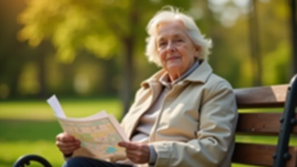 Seniora sieviete pauājas uz soliņa, pārlūko maršruta karti parkā, saulaina diena, mierīga atmosfēra