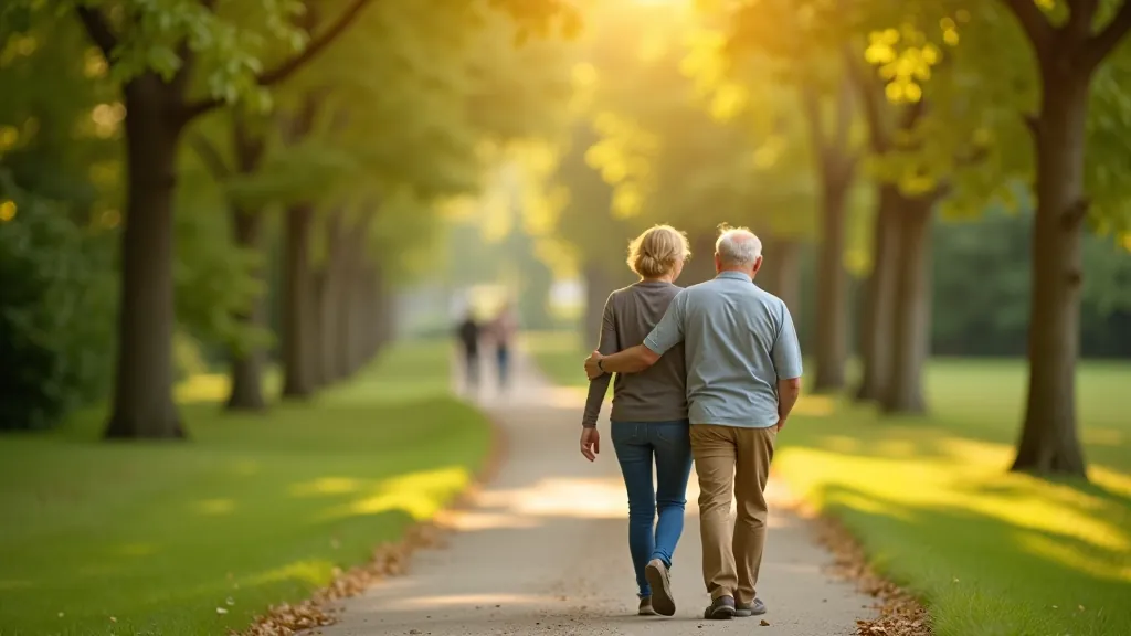 Seniori pastaigā parkā, pārgājušies pa viengabala ceļu ar soliņiem apkārt
